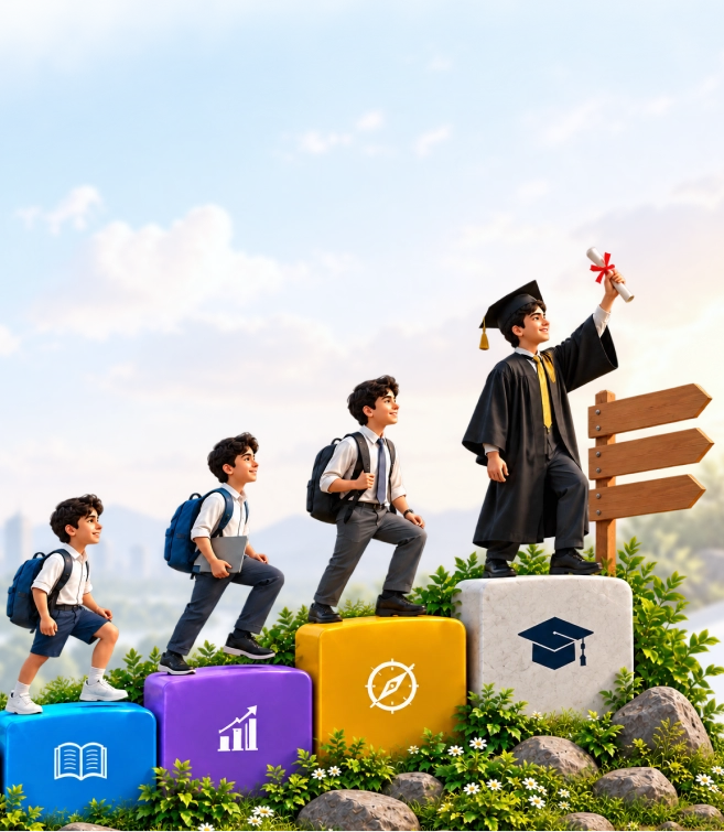 Students climbing steps toward graduation